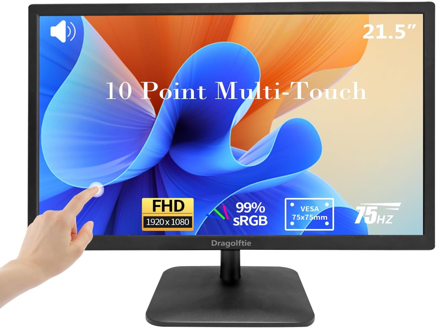 21.5 Inch Touchscreen Monitor FHD 1920x1080P, Built-in Speakers, VESA Supports, 10-Points Computer Touch Screen PC Display with Type-B HDMI VGA Port, 75Hz Desktop Touch Display, Black