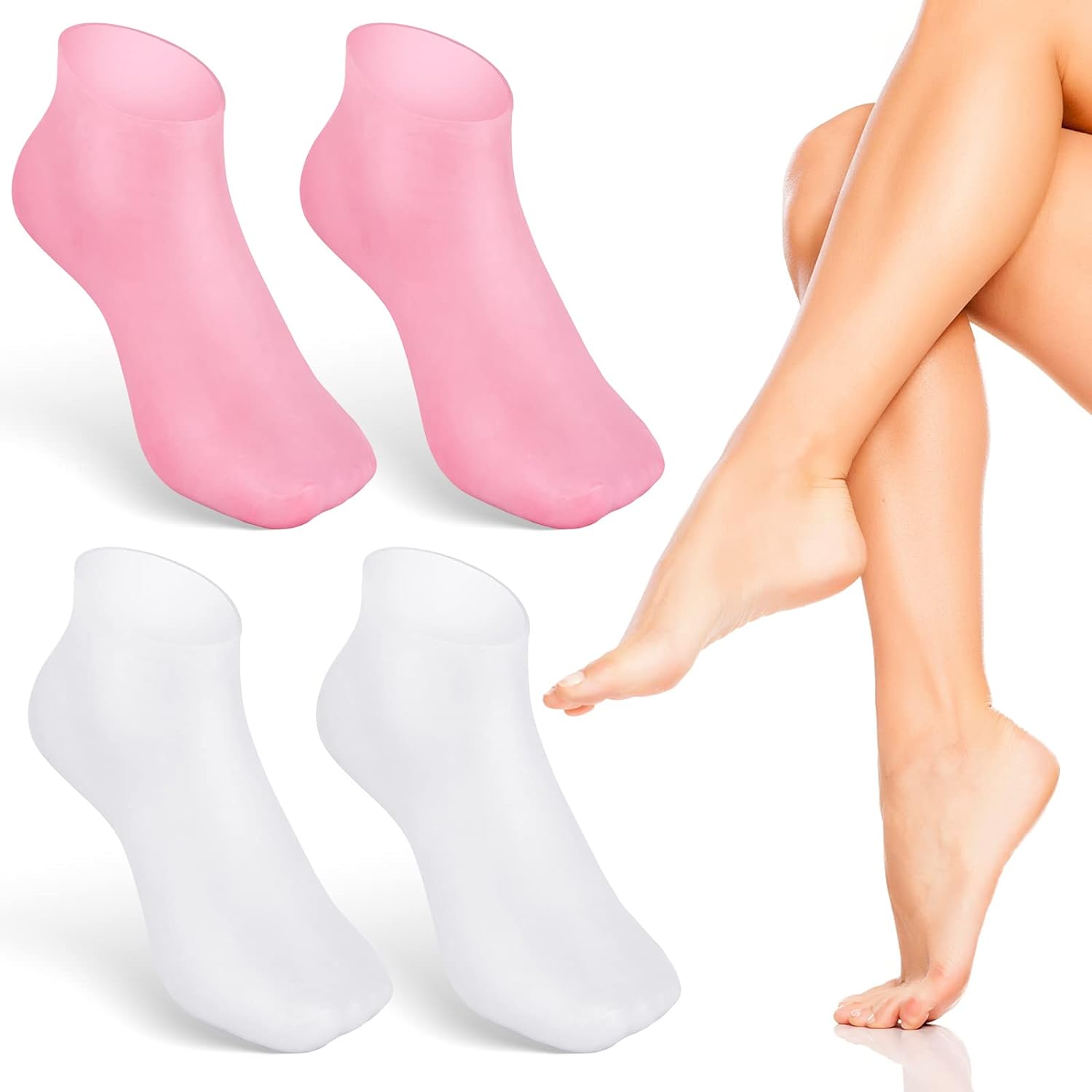 Noverlife 2 Pairs Silicone Moisturizing Socks Softening Dry Cracked Feet Rough Skins & Anti Slip Aloe Socks for Dry Cracked Feet Women, Calluses, Spa Gel Socks Foot Care After Pedicure – Pink & White