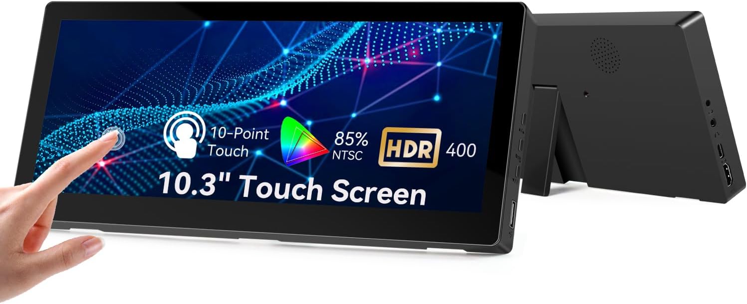 10.3” Small Touchscreen Monitor, 400cd/m², VESA, IPS Stretched Bar LCD Mini Travel Touch Display 1920 * 720 HDMI USBC, Portable Touch Screen for Laptop Computer Windows Aida64 GPU CPU RAM Monitoring