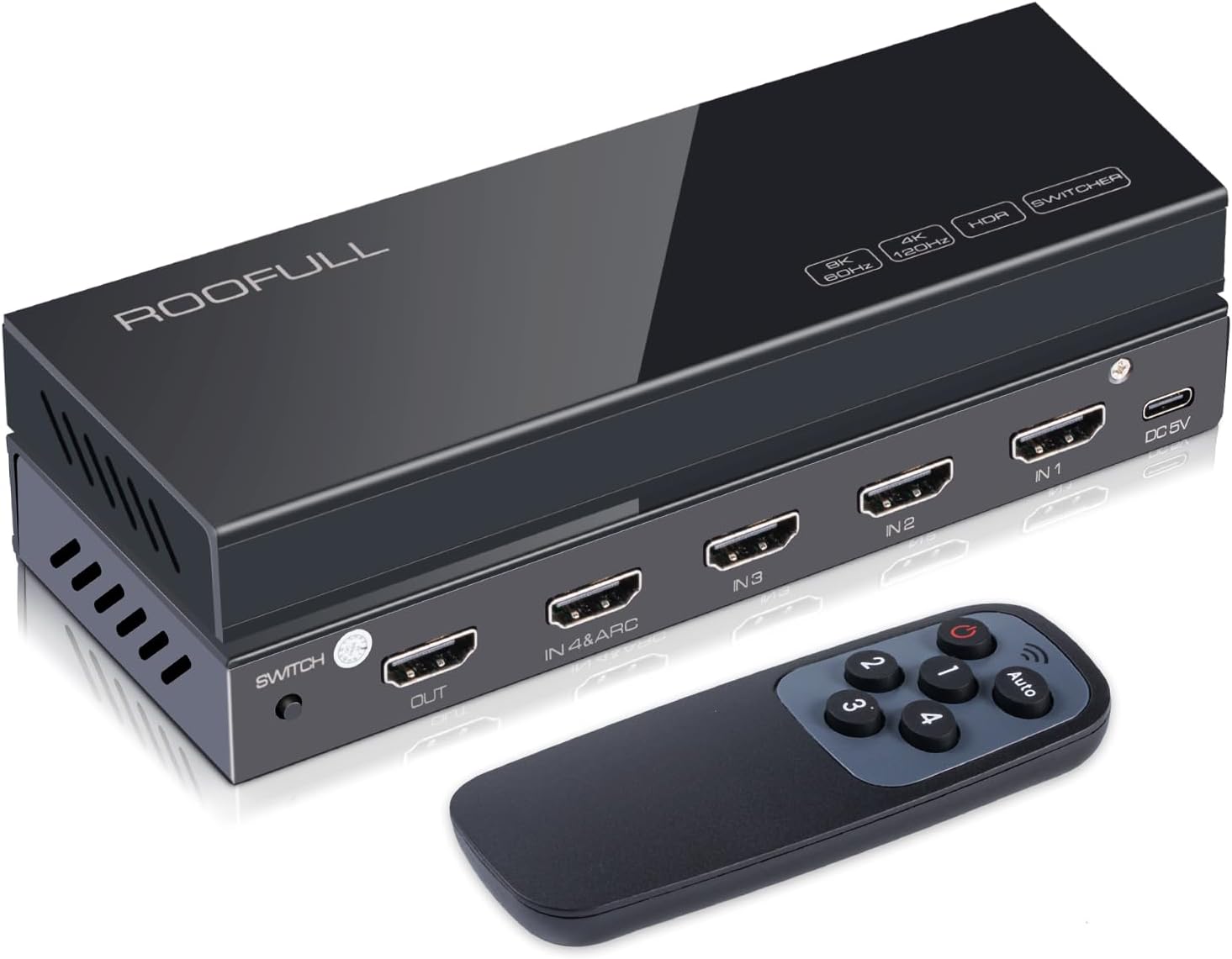 ROOFULL 4 in 1 Out 8K HDMI 2.1 Switch 4 Port 8K@60HZ 4K@120Hz HDMI Switcher Box with Remote Support 48Gbps HDR10+ Dolby Vision/Atmos HDCP 2.3 CEC for PS5 Xbox Roku Fire Stick Blu-ray Player Gaming PC