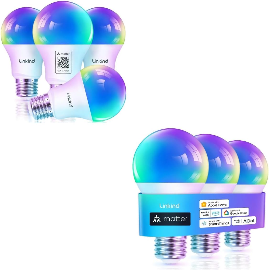 Linkind Matter Smart Light Bulbs 4 Pack Bundle with 3 Pack, Work with Apple Home, Siri, Alexa, Google Home, SmartThings