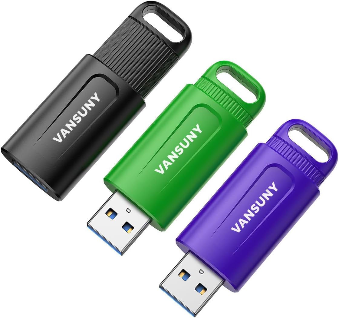 Vansuny 128GB Flash Drive,3 Pack USB 3.0 Thume Drive Slide Retractable Memory Stick with Lanyard Hole for PC/Laptop/Computer Storage & Backup Files Picture Video (Black,Green,Blue)…