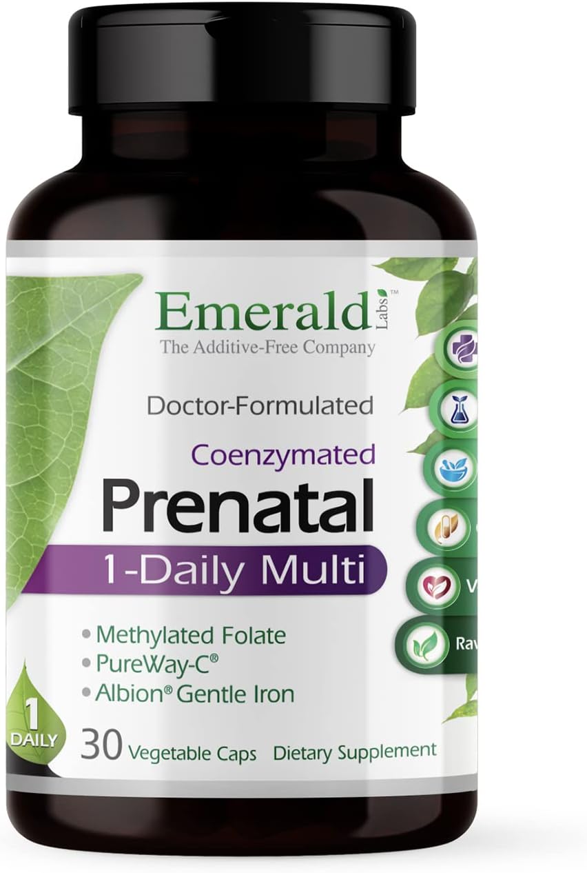 Emerald Labs Prenatal 1-Daily Multi – Prenatal Multivitamin with Methylated Folate, Iron, Whole-Food Blend & More – Soy-Free, Gluten-Free – 30 Vegetable Capsules