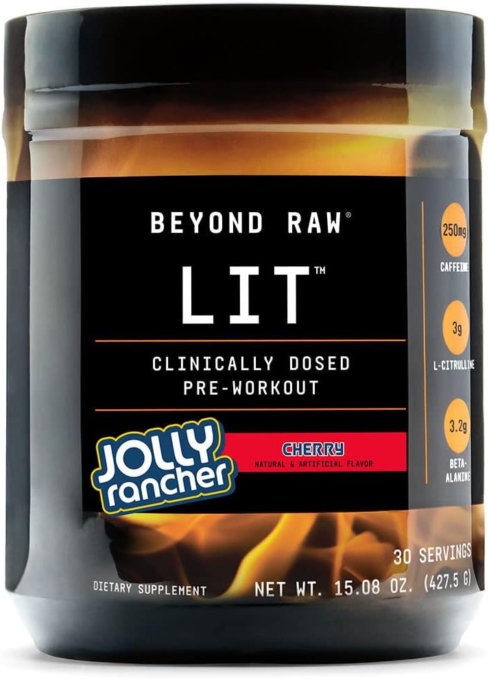 BEYOND RAW LIT | Clinically Dosed Pre-Workout Powder | Contains Caffeine, L-Citrulline, Beta-Alanine, and Nitric Oxide | Jolly Rancher Cherry | 30 Servings