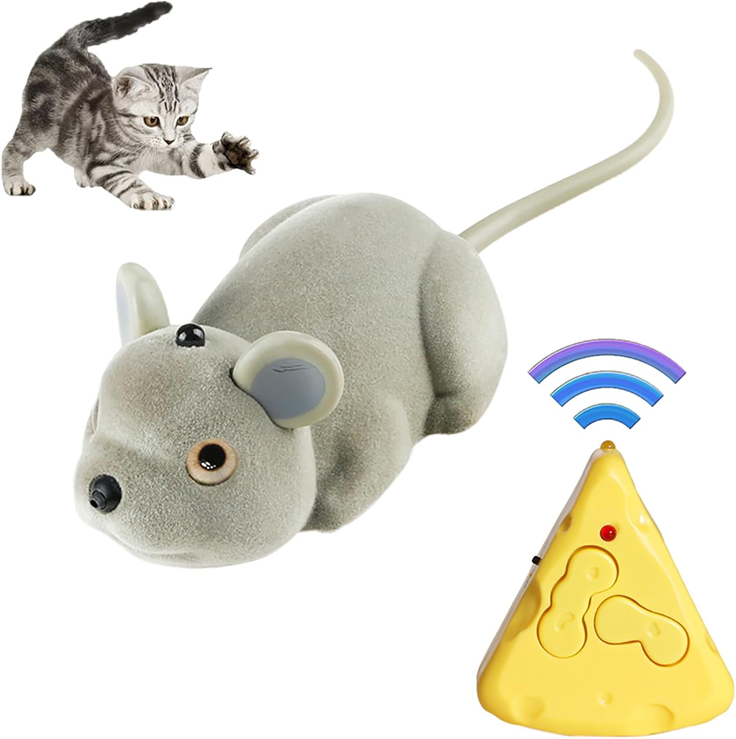 Mini RC Fake Mouse Prank Toy with Cheese Controller, Automatic Moving & Remote Control Rat Realistic Stuffed Animal Plush Mouse Interactive Cat Toys Halloween Trick Spooky Funny Toy for Cats Dogs Kids