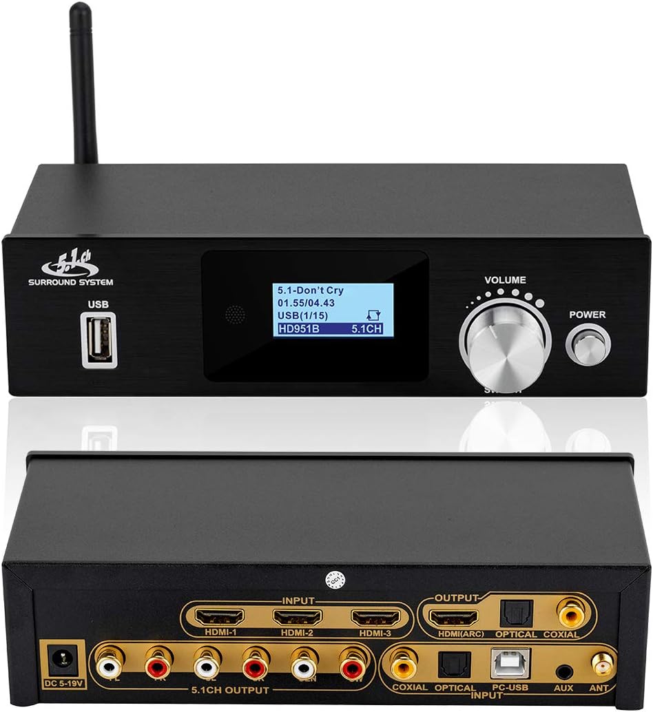 5.1 Surround Sound Decoder Separator Converter for DTS AC3, 4K 60Hz HDMI 3 in 1 Out, HDCP 2.2 HDR, Digital Analog Audio Video System 192Khz/24Bit, with BT-5.0 Receiver (Black, 4K 60Hz)