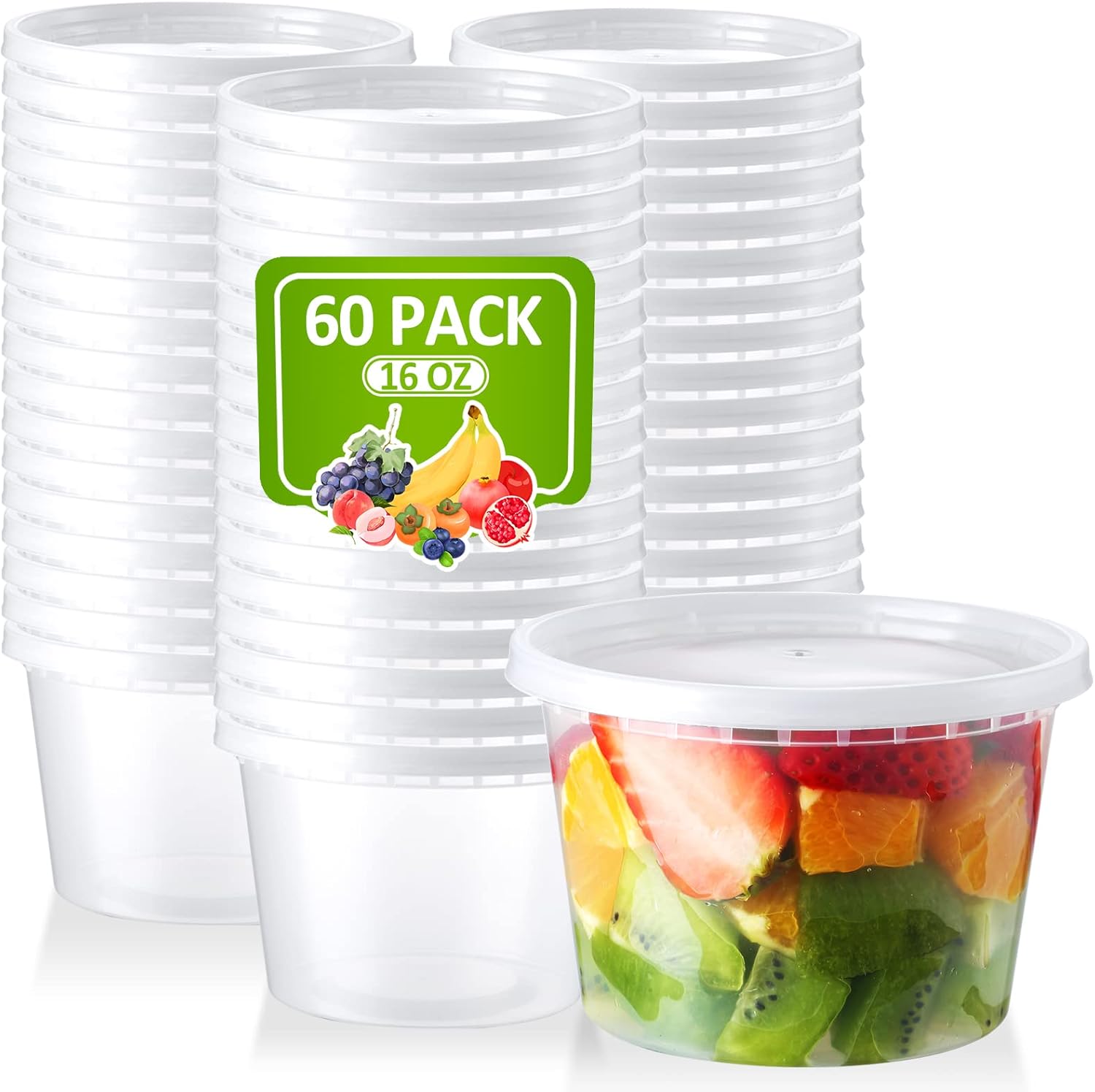 16 Oz Deli-Containers-with-Lids – 60 Set Plastic Food-Storage-Containers-with-Lids, Microwaveable & Freezer Safe To-Go-Containers, Leak-proof Soup Overnight Oats Meal-Prep-Containers