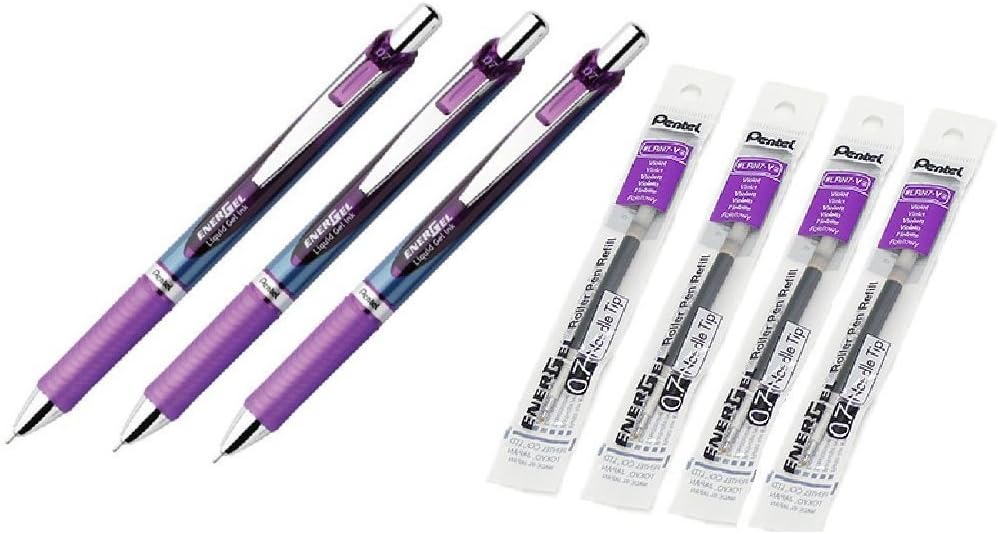 Pentel EnerGel RTX Roller Ball Retractable Gel Pen, Needle Tip, Violet Ink, Medium Point Pentel 3PACK, LRN7-V EnerGel Refills, 0.7 mm Medium Needle Tip, Violet 4PACK