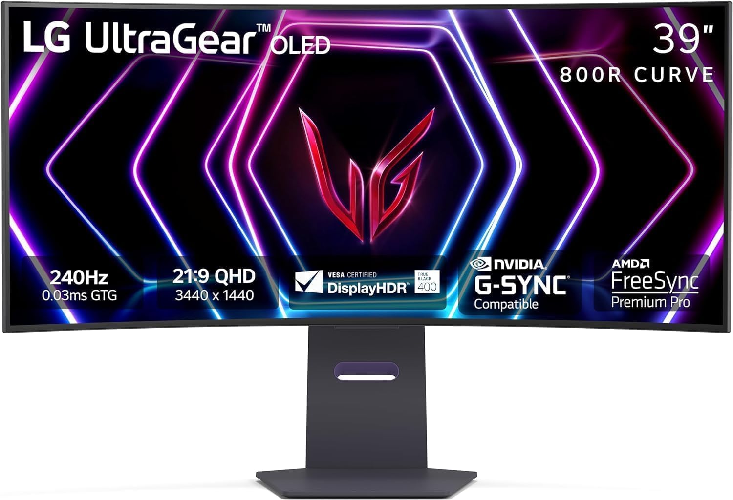 LG 39GS95QE Ultragear OLED Curved Gaming Monitor 39-Inch WQHD 800R 240Hz 0.03ms DisplayHDR True Black 400 AMD FreeSync Premium Pro NVIDIA G-Sync HDMI 2.1 DisplayPort Tilt/Height/Swivel Stand – Black