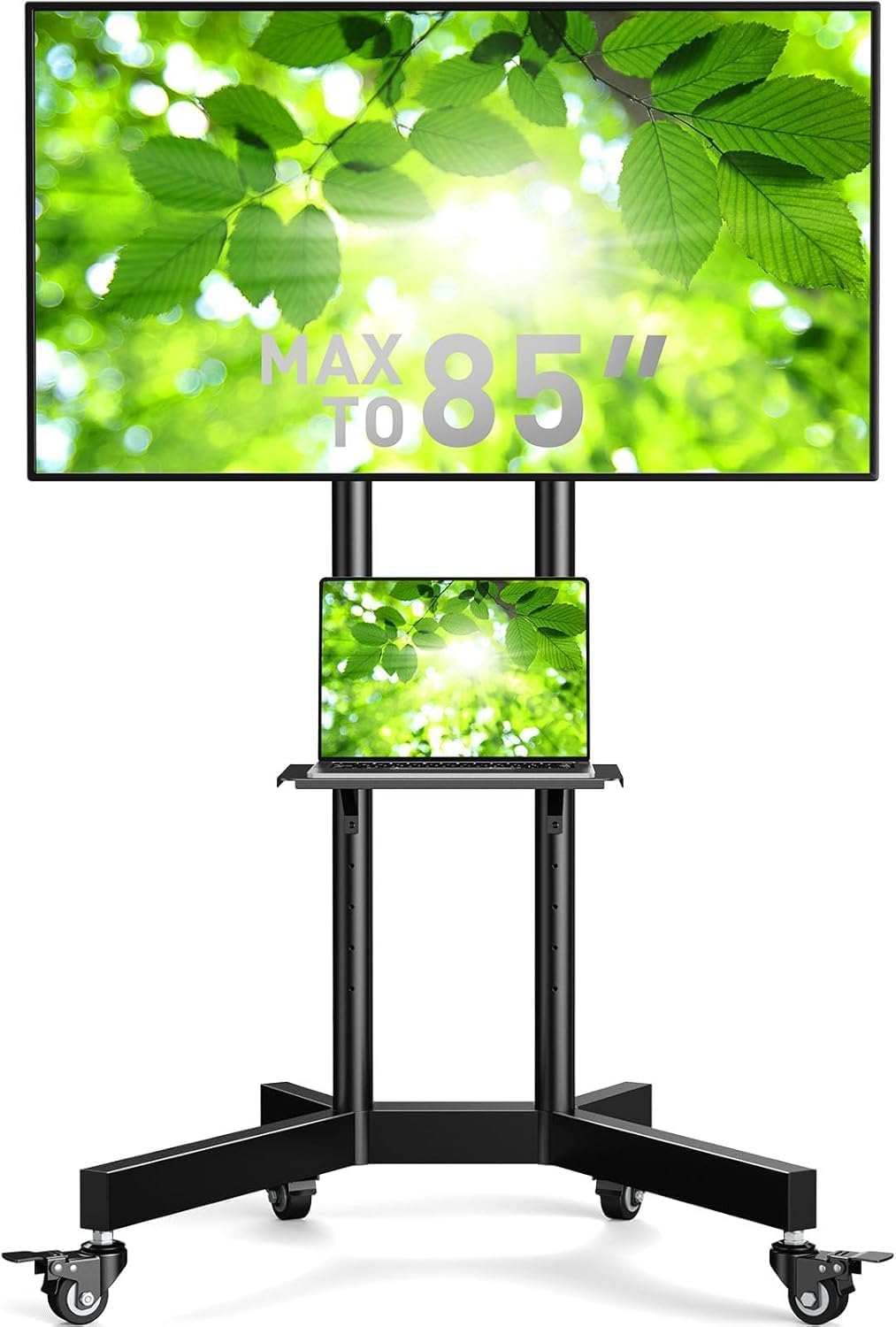 Perlegear Rolling TV Stand, Mobile TV Stand on Wheels for 32-85 Inch Screens up to 132 lbs, Height Adjustable Mobile TV Cart with Metal Shelf, Rolling TV Cart with Lockable Wheels Max VESA 600x400mm