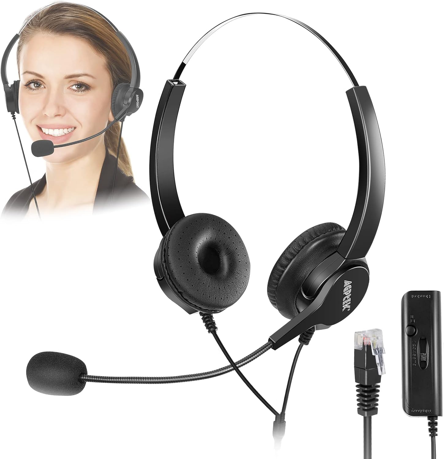 AGPTEK Hands-Free Call Center Noise Cancelling Corded Binaural Headset Headphone with 4-Pin RJ9 Crystal Head and Mic Microphone for Desk Phone – Telephone Counselling Services, Insurance, Hospitals