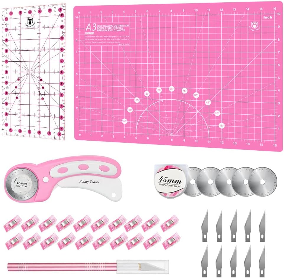 Headley Tools Rotary Cutter Set – 45mm Fabric Cutter, 5 Replacement Rotary Blades, A3 Cutting Mat, Quilting Ruler and Sewing Clips, Craft Knife Set, Ideal for Crafting, Sewing, Patchworking, Pink