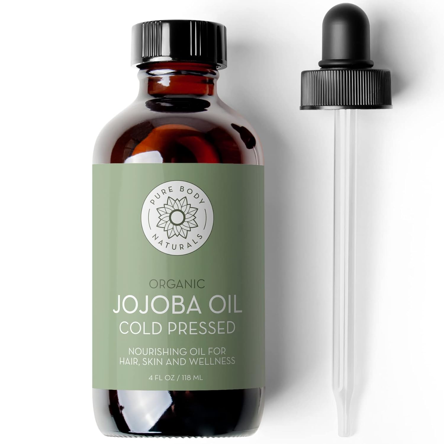 Pure Body Naturals Organic Jojoba Oil, 4 Fl Oz – 100% Pure, Organic, Cold Pressed Jojoba Oil for Skin, Face, Nails and Hair Growth – Carrier Oil for Mixing Essential Oils