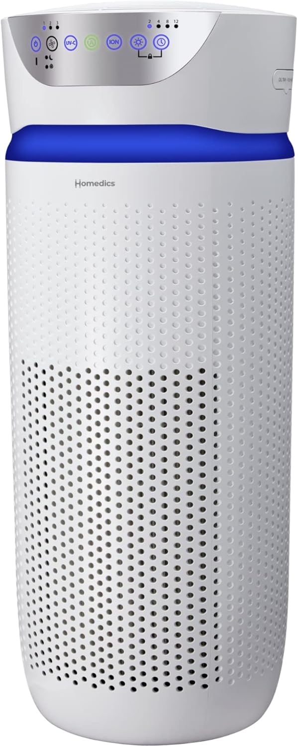 Homedics 5-in-1 UV-C Air Purifier – 360-Degree HEPA Filter for 1,659 Sq Ft, Extra Large Air Purifiers for Bedroom and Home, Essential Oil Pads, Built-In Timer, 5 Speed Settings for Large Rooms, White