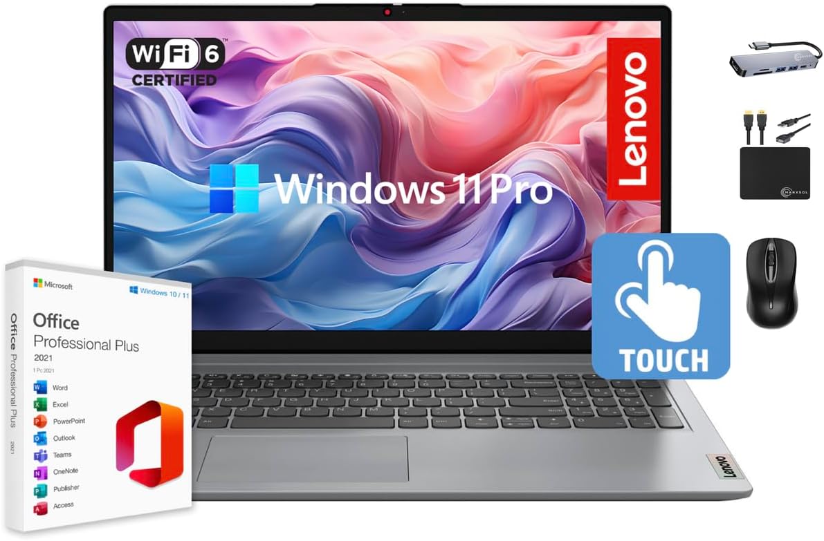 Lenovo IdeaPad Laptop Newest 15.6″ FHD IPS Touchscreen for Business, 16GB RAM, 1TB Storage (500GB SSD + 500GB Ext.), 6-Core Intel i3, Wi-Fi 6, Long Battery, MarxsolAccessory, Win 11 Pro with MS Office