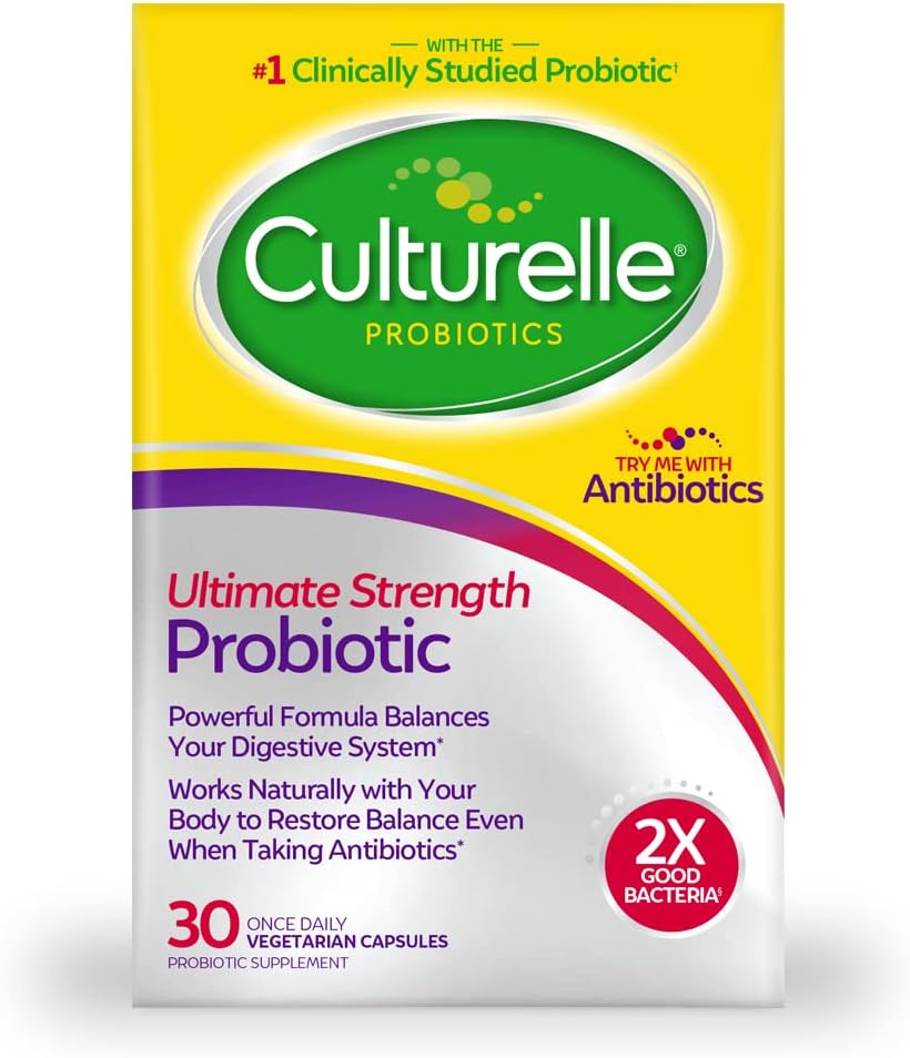 Culturelle Ultimate Strength Probiotic for Men and Women, Most Clinically Studied Probiotic Strain, 20 Billion CFUs, Supports Occasional Diarrhea, Gas & Bloating, Non-GMO, 30 Count