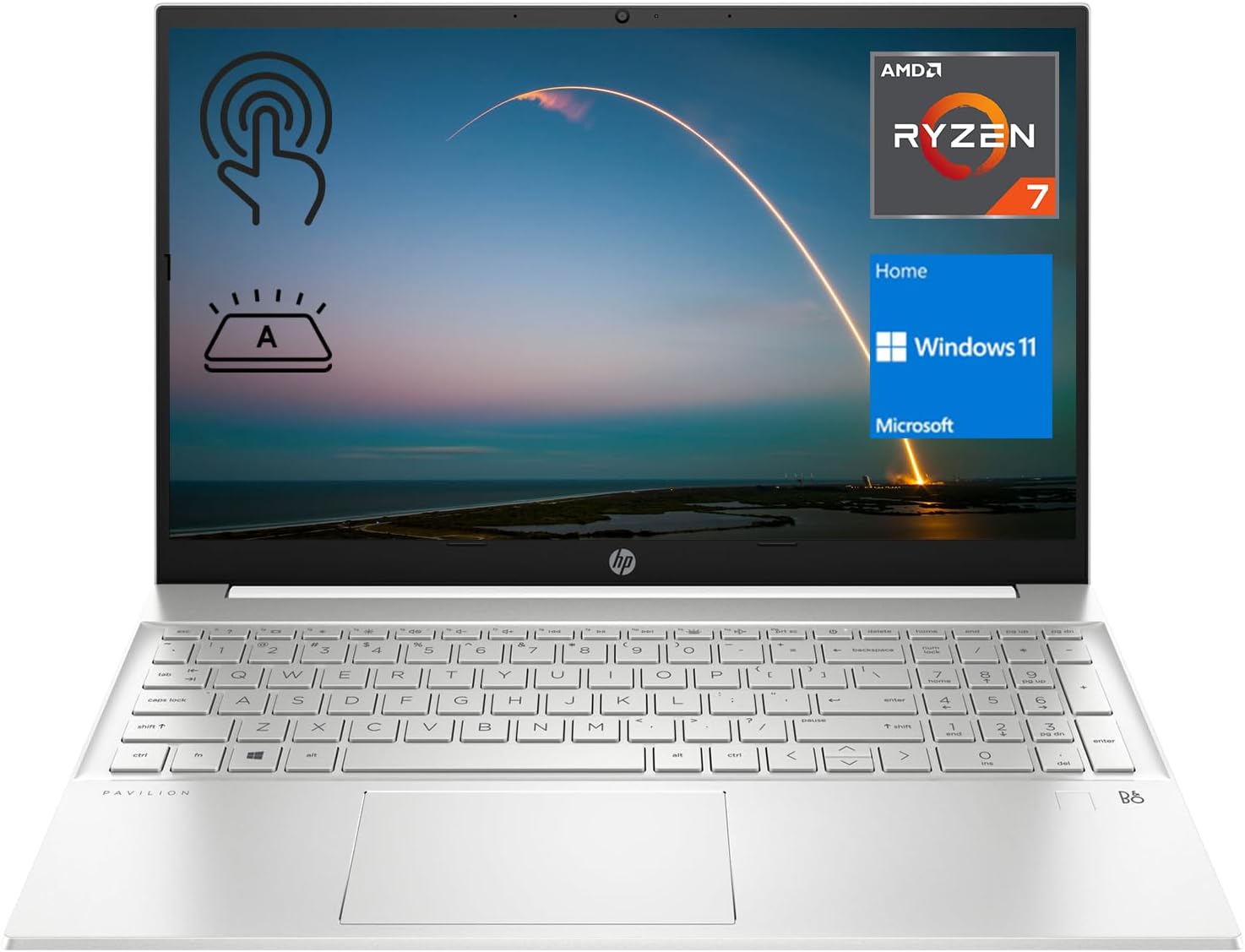 HP Pavilion 15z Laptop, 15.6″ FHD Touchscreen, AMD Ryzen 7 7730U, 16GB RAM, 1TB SSD, Webcam, HDMI, Backlit Keyboard, Fingerprint Reader, Wi-Fi 6, Windows 11 Home, White