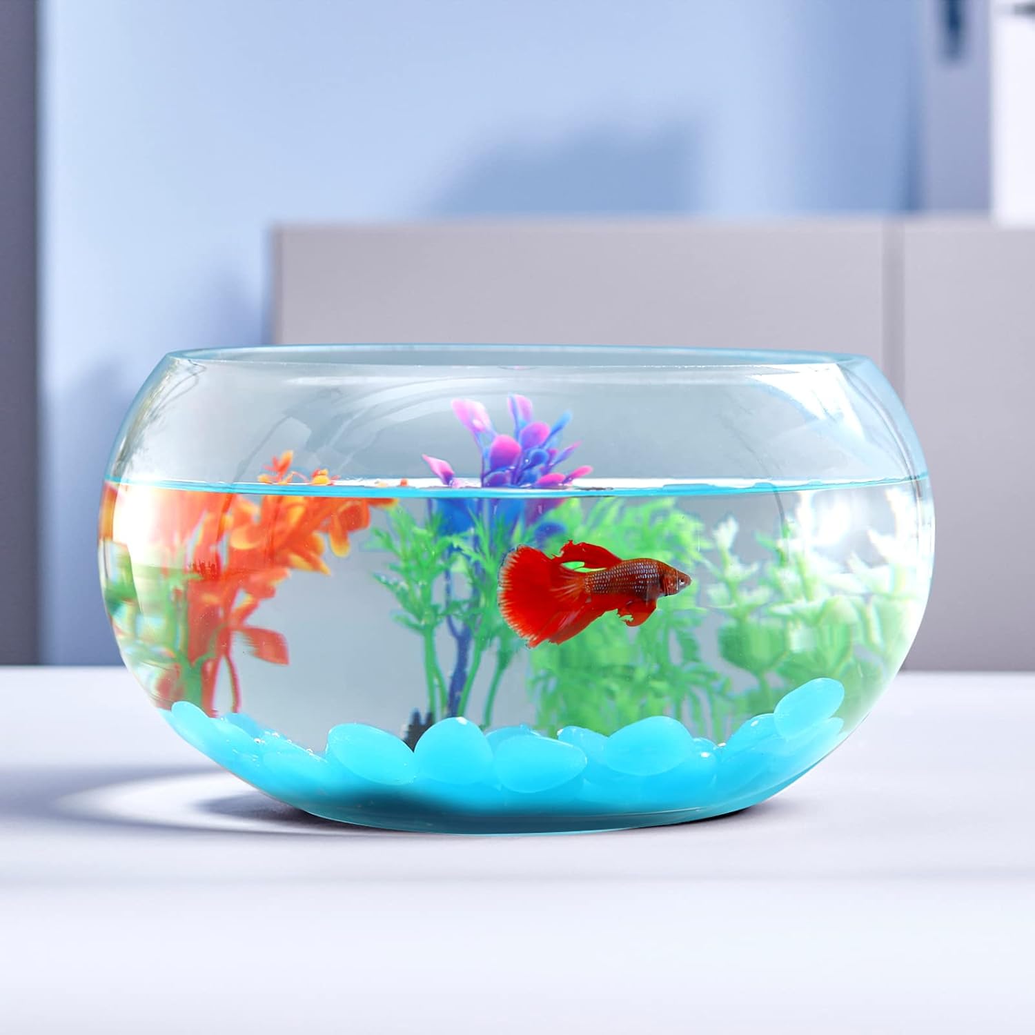 1 Gallon Glass Fish Bowl with Decor, Include Fluorescent Rocks & Colorful Plastic Trees, High White Glass for Clear View, Small Fish Bowl/Aquarium for Betta/Goldfish, Nice Home Décor