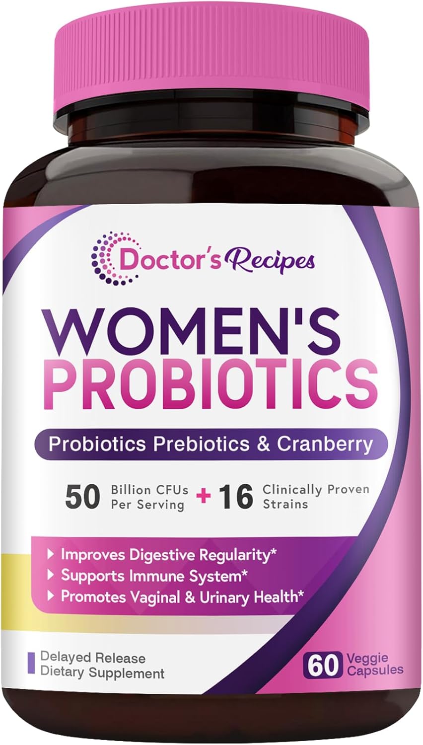 Doctor’s Recipes Women’s Probiotic, 60 Caps 50 Billion CFU 16 Strains, with Organic Cranberry, Digestive Immune Vaginal & Urinary Health, Shelf Stable, Delayed Release, No Soy Gluten Dairy