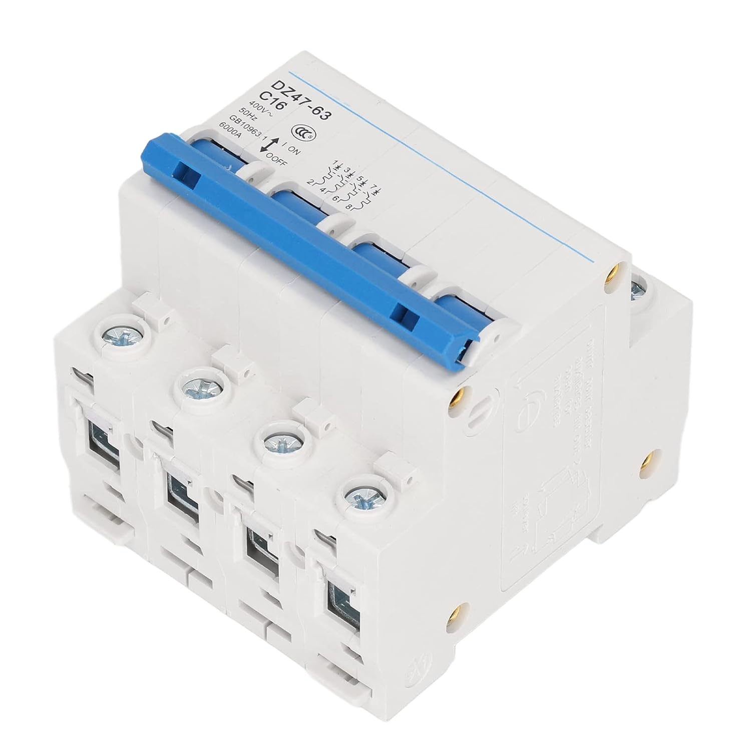 Miniature Circuit Breaker, DZ47‑63 C16 AC 400V 16A Electric Leakage Protector 4P DIN Rail Current Circuit Breaker AC Disconnect Switch for PV System