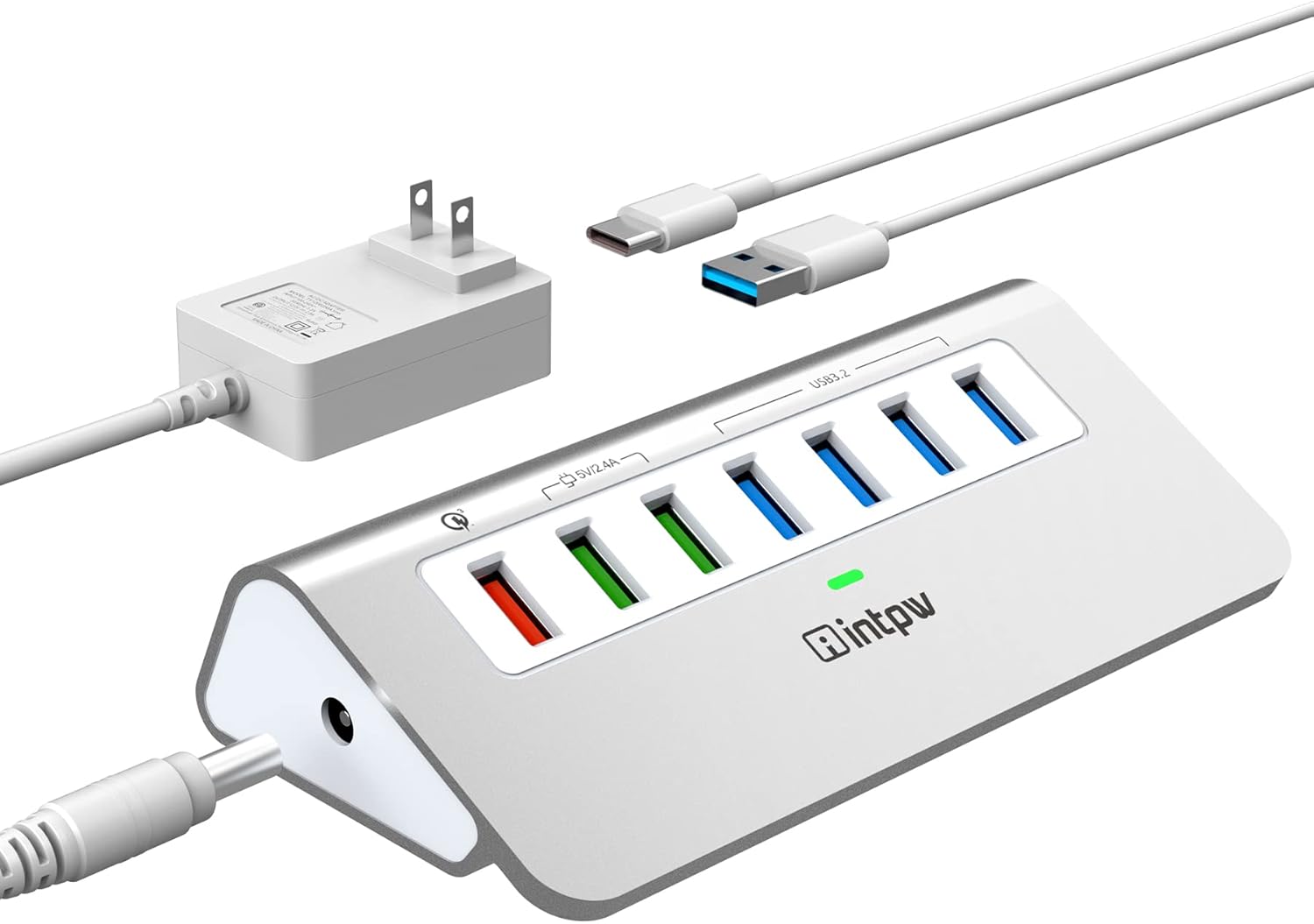 Powered USB 3.2 Hub 10Gbps,7 Port USB Data Hub USB Splitter with 4 USB 3.2 Gen2 Data Ports,3 Fast Charging Ports,30W Power Adapter,Type A & C Cable, Aluminum Powered USB C Hub for Computer,PC,Laptop