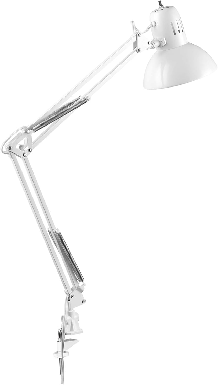 Globe Electric 52847 31.5 Inch Swing Arm Clamp-On White Desk Lamp with Nickel Accents, On/Off Rotary Switch, Book Reading Light, Home Essentials, Office Décor, LED Bulb Compatible