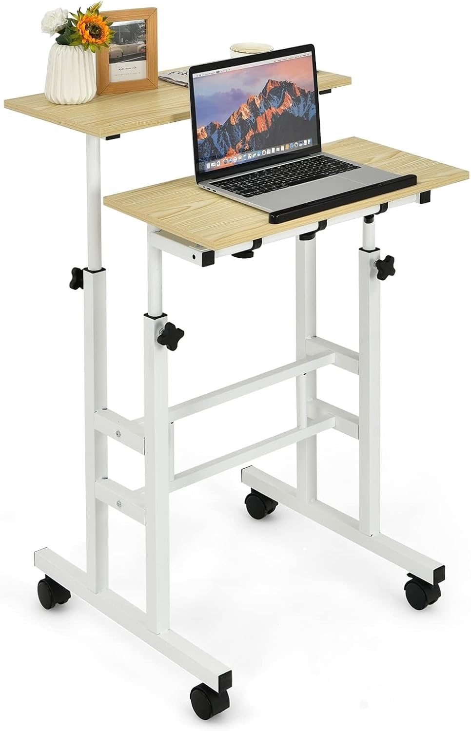 Standing Desk, Height Adjustable Sit-Stand Desk with Tiltable Desk Top, Rolling Laptop Stand & Workstation, Mobile Stand up Computer Desk on Wheels for Small Spaces, Home & Office (Natural)