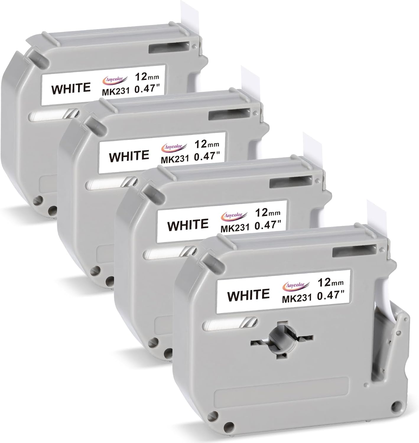 Anycolor M-K231 Label Tape Replacement for Brother P-Touch M Tape M-K231s M231 MK231 M-231 12mm 0.47 White for Brother Ptouch PT-M95 PT-70BM PT-90 PT-85 PT65 45 Label Maker Refills, 4 Pack