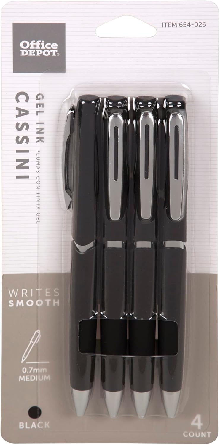 Office Depot Cassini Side-Click Gel Pens, Fine Point, 0.7 mm, Black Barrel, Black Ink, Pack Of 4