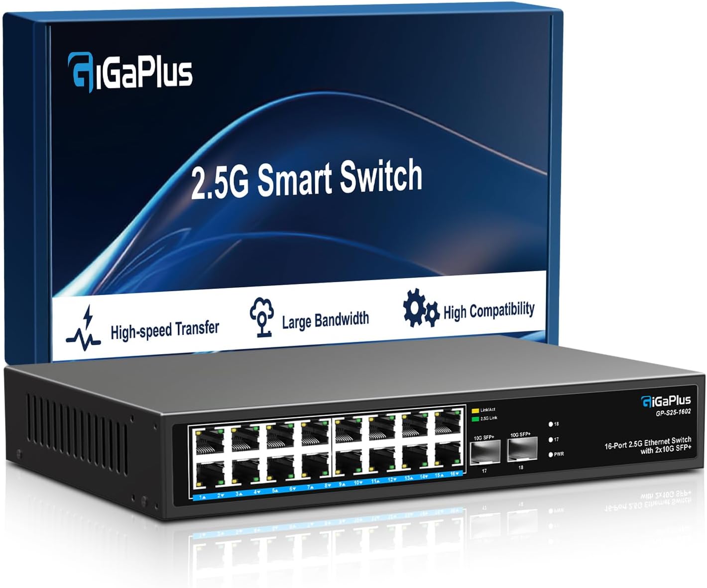 18 Port 2.5Gb Unmanaged Ethernet Switch with 16* 2.5G Base-T Ports, 2* 10G SFP+ Ports. GiGaPlus 2.5Gbps Network Switch for 2.5Gbps NAS/PC, Wireless AP, WiFi6 Router. Plug and Play, Fanless Design.