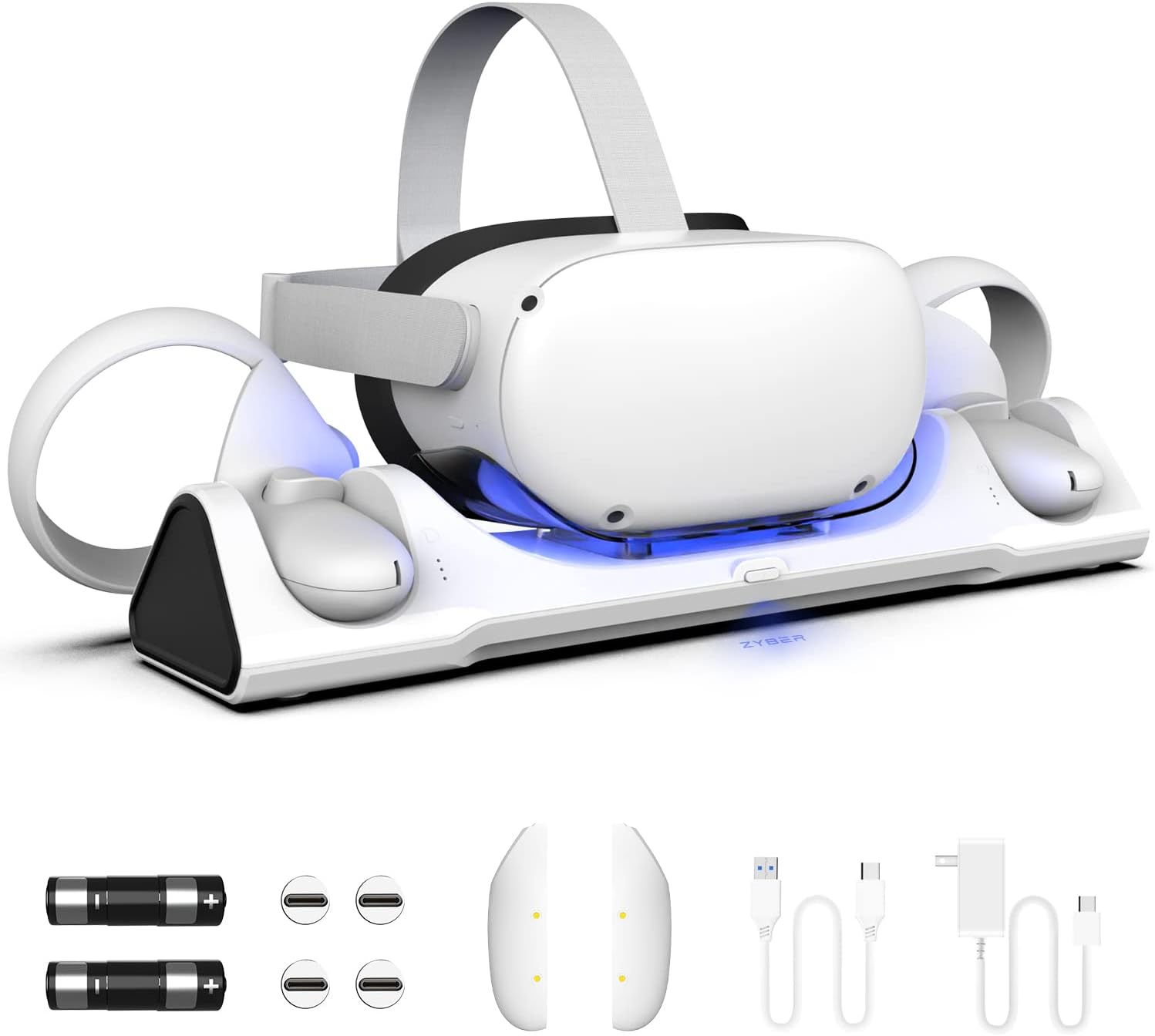 ZYBER Charging Dock for Meta Quest 2, VR Charger Station for Charging Oculus Quest 2 (Support Elite Strap with Battery), Charging Stand with 2 Rechargeable Batteries, USB-C Charger and Cable