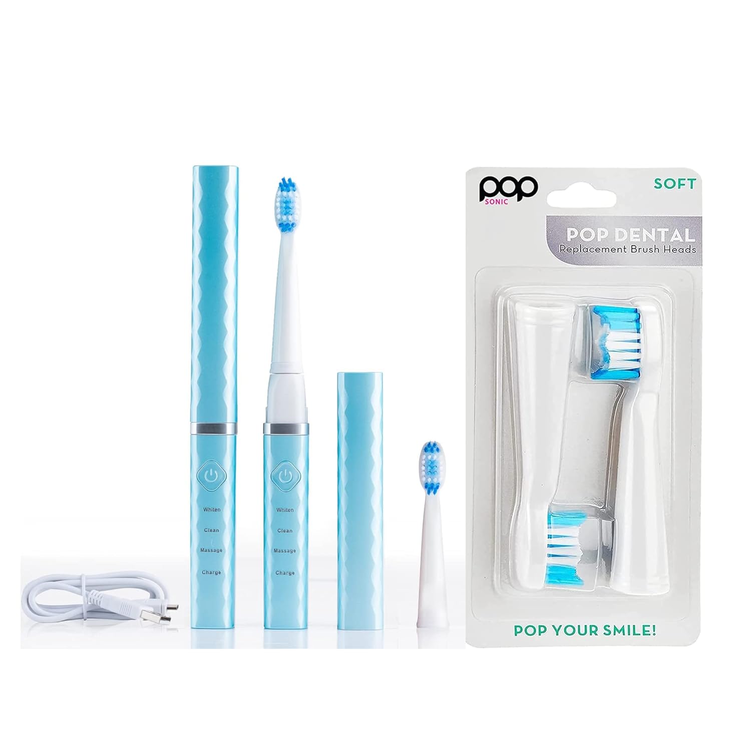 Pop Sonic USB Charge Anywhere Toothbrush (Hawaiian Blue) Bonus 2 Pack Replacement Heads | Rechargeable Toothbrush w/Up to 40,000 Brush Strokes/Minute