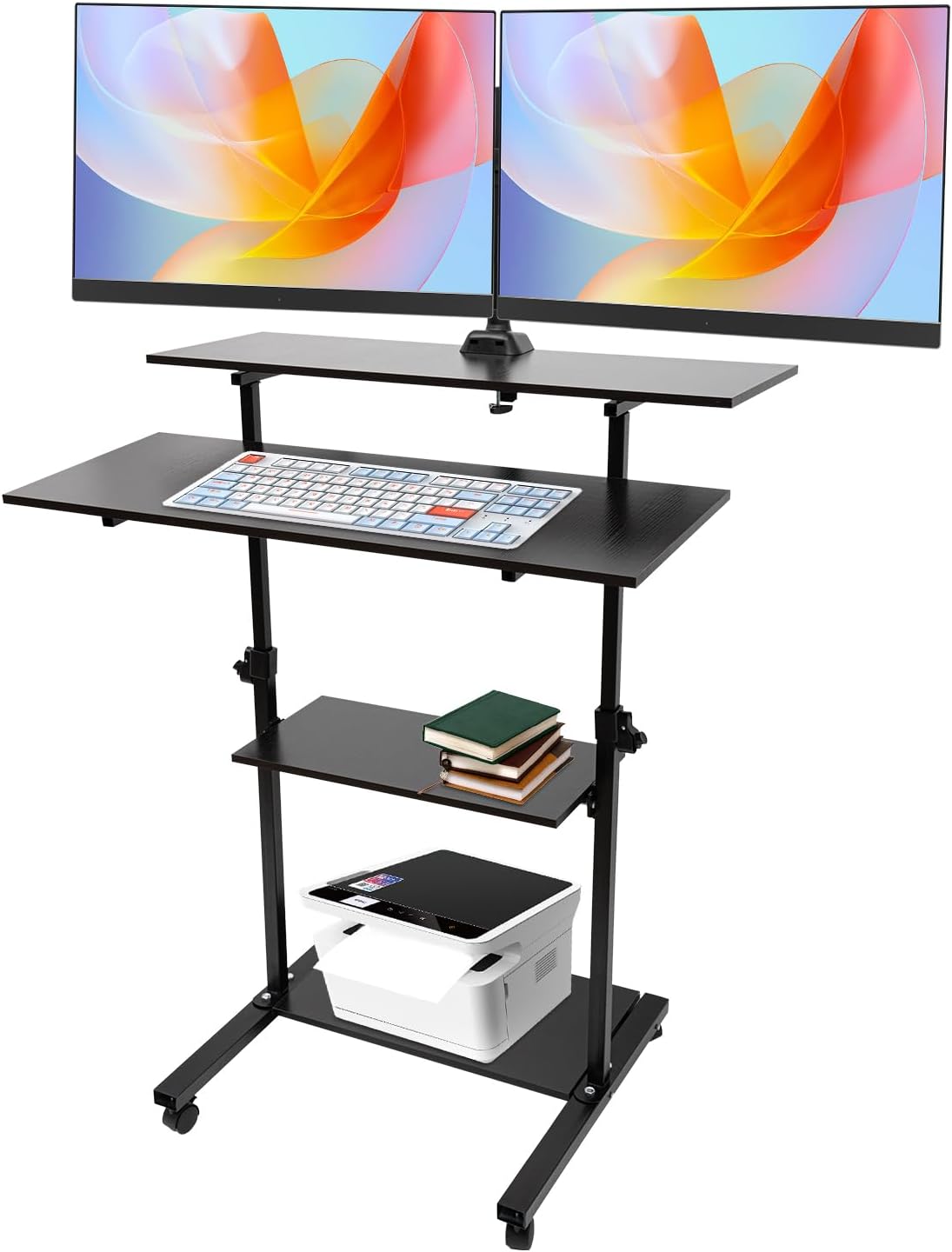 4 Tier Rolling Computer Desk,Sit or Stand Desk on Wheels,Height Adjustable Workstation with Dual Monitor Mounts,Black