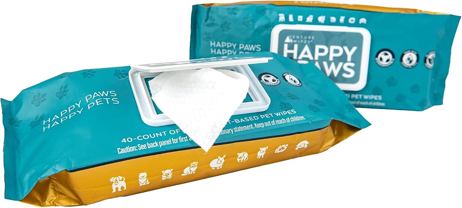 Venture Wipes Happy Paws – Natural Pet Wipes for Dogs and Cats – Biodegradable Grooming Wipes for Paws, Eyes, Ears, and More – Large Cleansing Cloths for Pet Care Essentials (Pull Pack – 40 Count)