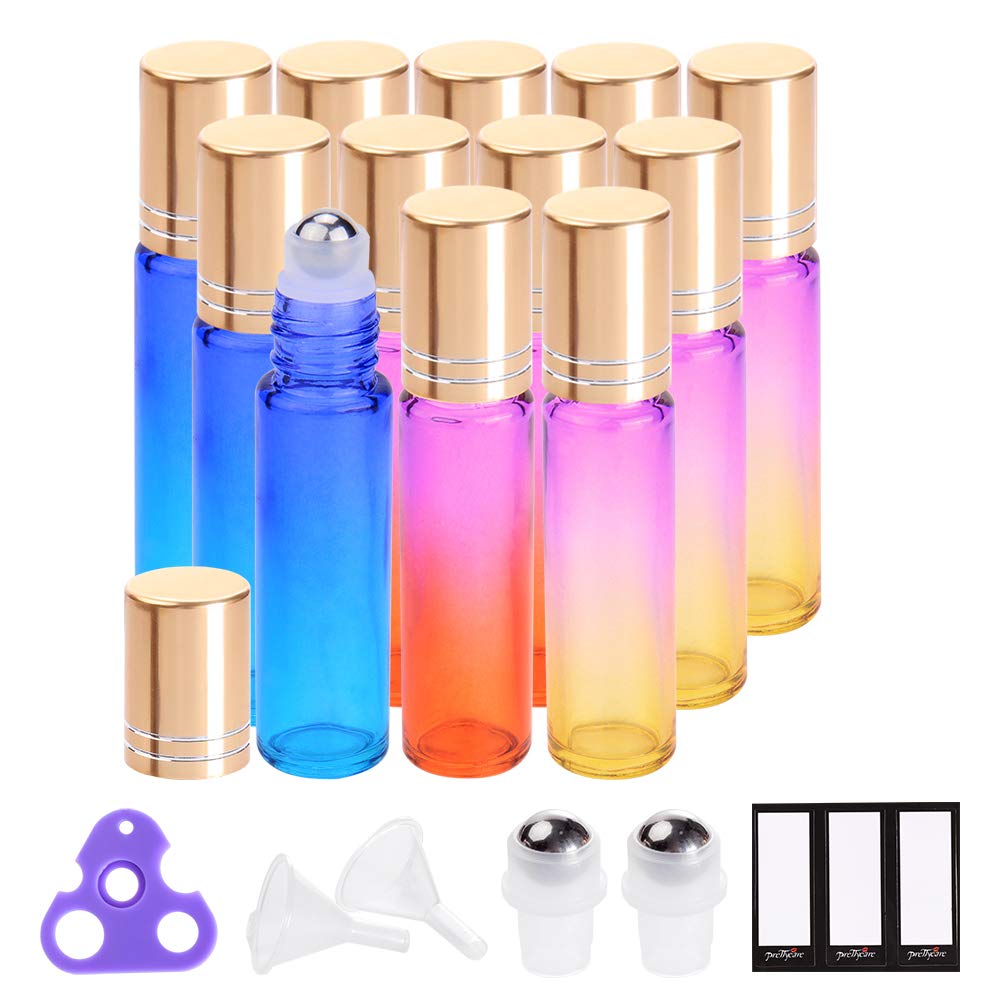 PrettyCare Roller Bottles 10ml (12 Pack Rainbow Glass, Golden Cap, 24 Labels, 2 Extra roller balls, Opener, 2 Funnels) for essential oils, Roll on Bottles