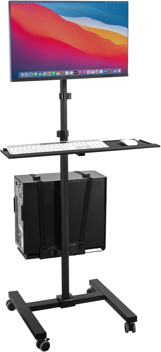 Mount-It! Computer Cart, Rolling Computer Desk, Mobile Desk Workstation with Monitor Mount for up to 32″ Screen, Full Keyboard Tray, Floating Adjustable CPU Holder, Standing Computer Cart 70″ Tall