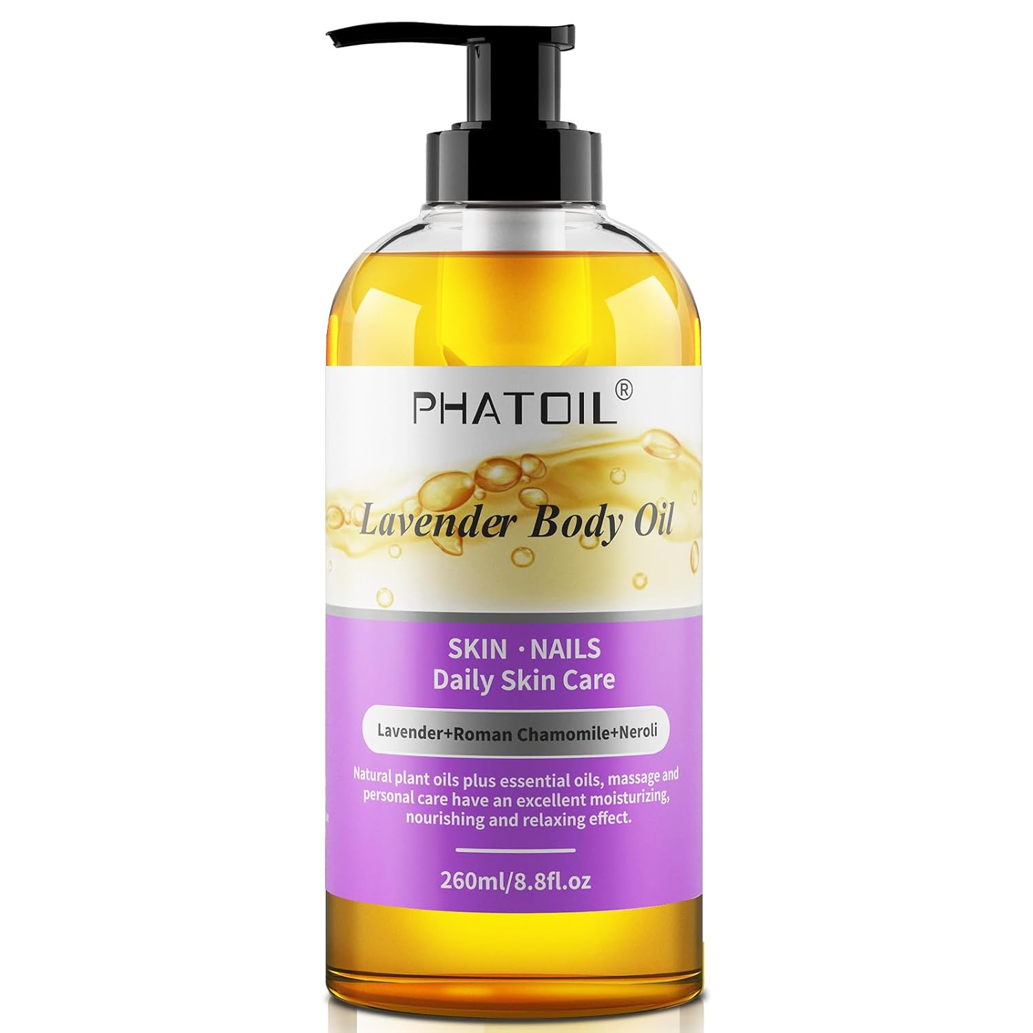 Lavender Body Oil with Pump, 260 ml (8.8 fl.oz) Premium Quality Massage Oil, Versatile Skin Care, Blends of Natural Plant Oils and Essential Oils