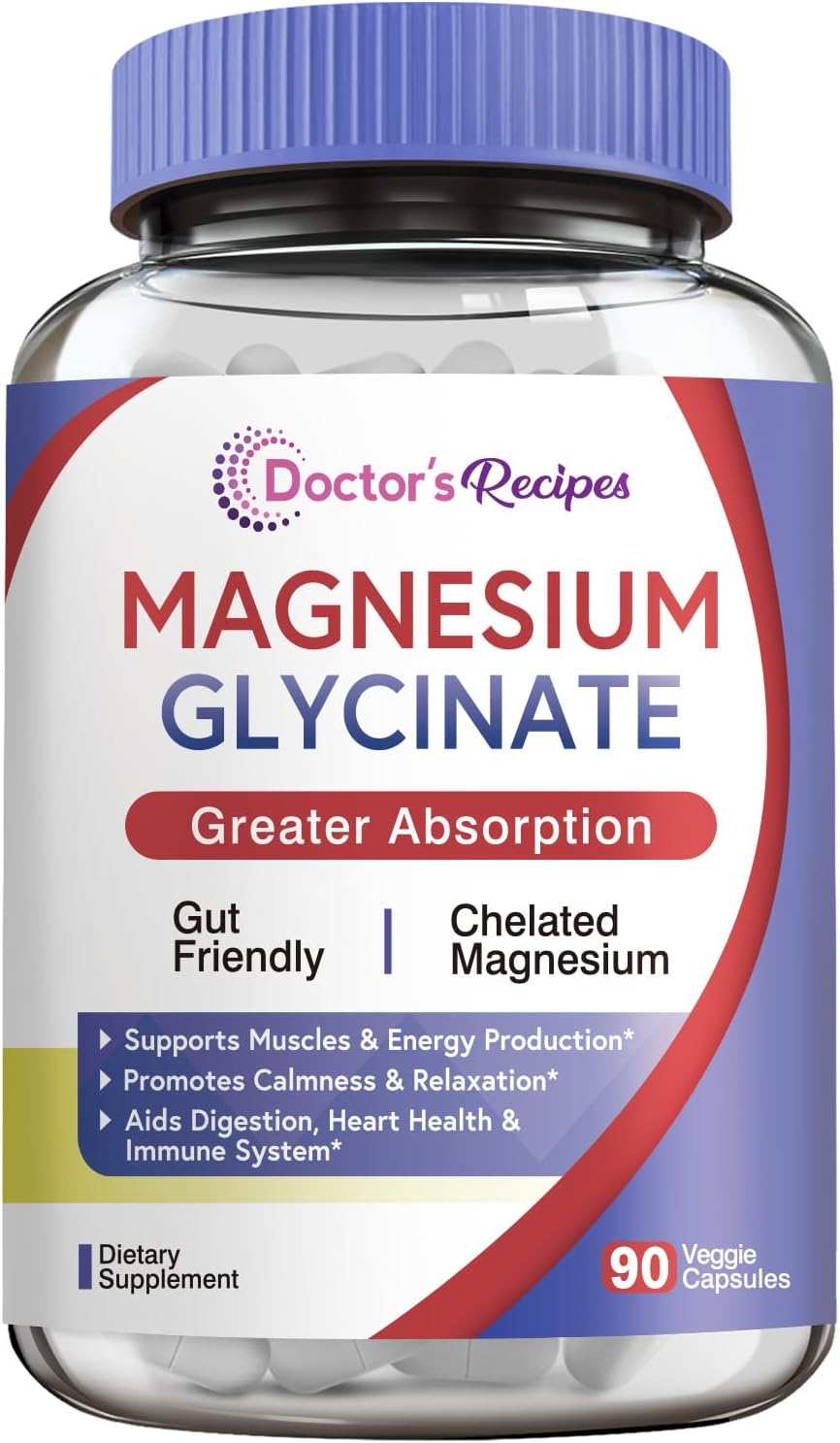 Doctor’s Recipes Magnesium Glycinate Supplement, Amino Acid Chelated, Non Buffered, High Absorption, Easy on Stomach, Support Calm, Bone, Muscle, Heart, Energy, Nerve, 90 Vegan Capsules