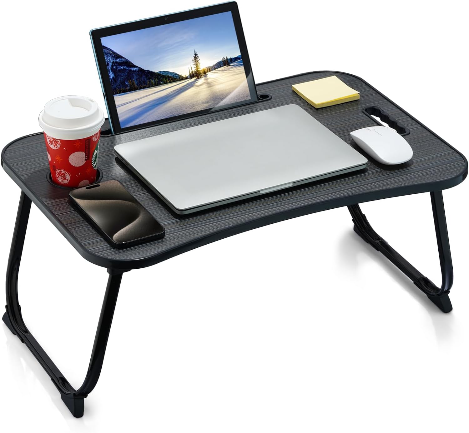 Laptop Bed Desk, Foldable Lap Desk, Portable Lap Table, Laptop Stand with Cup Holder & Tablet Slot & Lifting Handle for Working Writing Drawing & Eating – Black