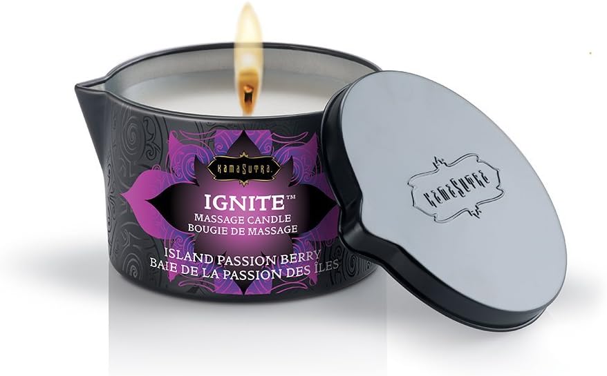 KAMA SUTRA Ignite Massage Candle – Coconut Oil and Soy Based – Island Passion Berry, 6 oz Candle Melts into a Warm Massage Oil, Couples Massage, Pour Spout Massage Candle