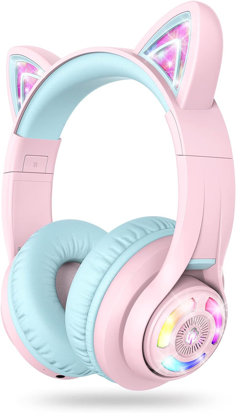 iClever Cat Ear Kids Bluetooth Headphones, LED Lights Up, 74/85dBA Safe Volume Limited, 50H Playtime,Bluetooth 5.2, USB C, Kids Headphones Wireless for Travel iPad Tablet, Meow Macaron Pink