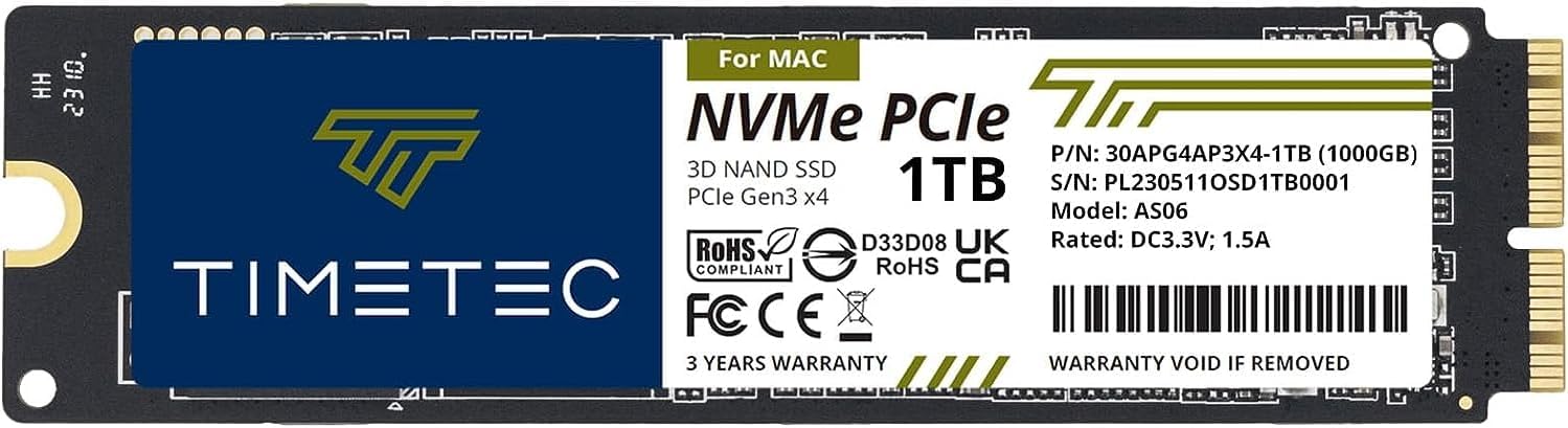 Timetec 1TB MAC SSD NVMe PCIe Gen3x4 3D NAND TLC Read Up to 2,200MB/s Compatible with Apple MacBook Air(2013-2015, 2017), MacBook Pro(2013-2015), iMac(2013-2019), Mac Pro(2013), Mac Mini(2014)