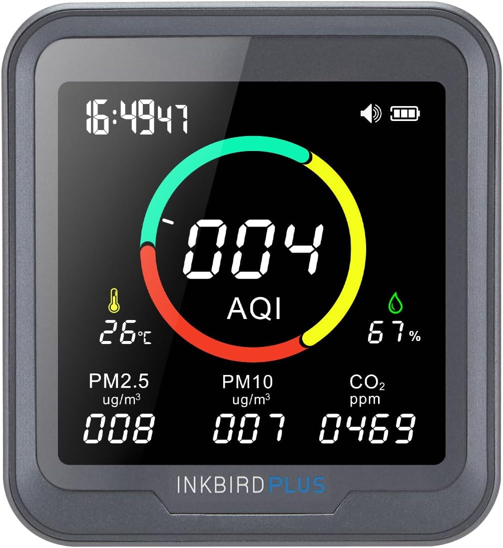 INKBIRDPLUS Indoor Air Quality Monitor with Alarm, can detect CO2, PM2.5, PM10, AQI, Temperature & Humidity, 6-in-1 Indoor Monitor, for Bedroom, Kitchen, Cellar, car, Grow Tent etc.