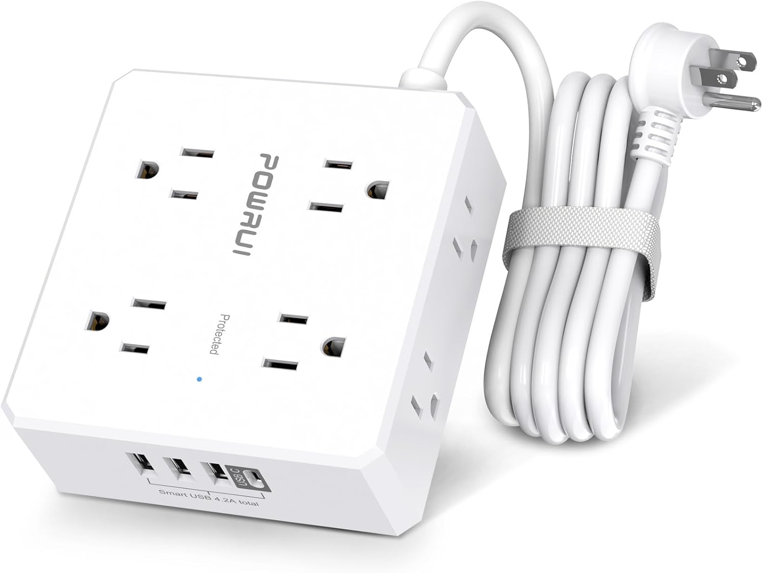 Surge Protector Power Strip – 6 Ft Flat Plug Extension Cord with 8 Widely Outlets and 4 USB Ports(1 USB C), 3 Side Outlet Extender for Home Office, White, ETL Listed