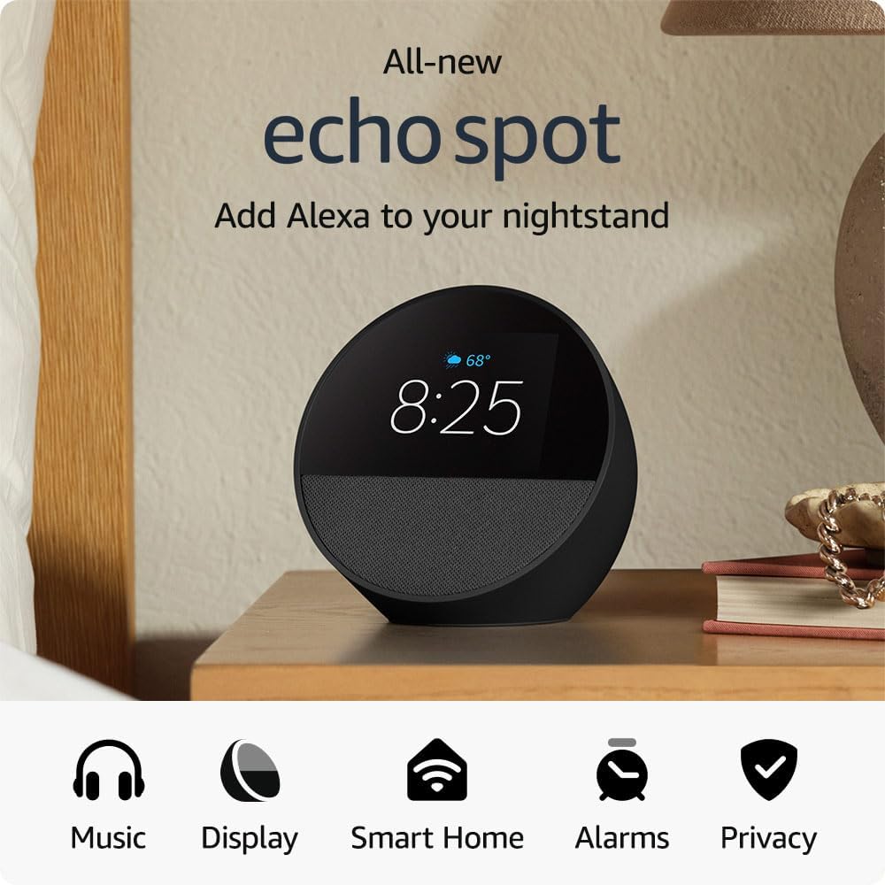 All-new Amazon Echo Spot (newest model), Smart alarm clock with vibrant sound + Alexa, Black