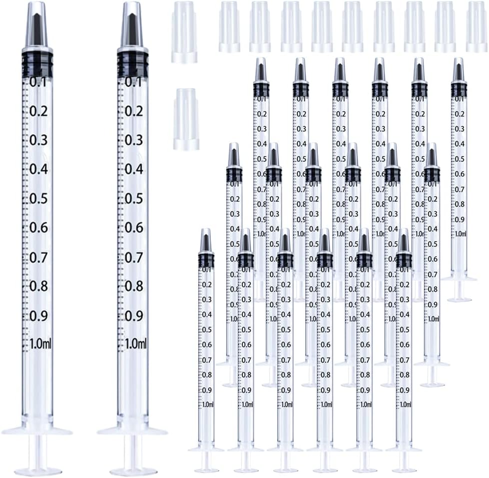 20 Pack 1ml Syringe with Cap for Liquid, 1cc Plastic Small Syringes with Cover, Non-Sterile, No Needle