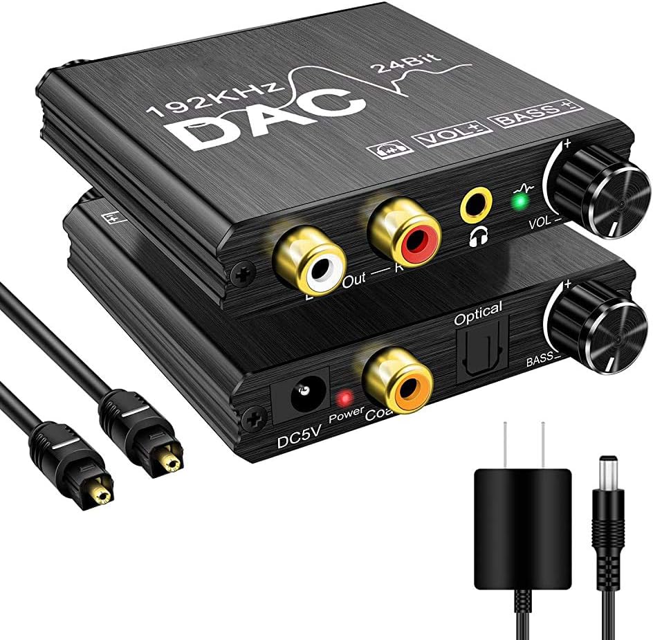 192KHz Digital to Analog Audio Converter with Bass and Volume Adjustment,Digital SPDIF/Optical/Toslink/Coaxial to Analog Stereo L/R RCA and 3.5mm Jack Converter for PS3 PS4 DVD AppleTV Home Cinema