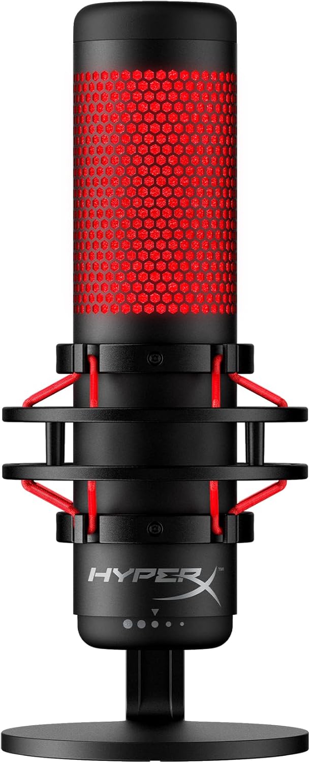 HyperX QuadCast – USB Condenser Gaming Microphone, for PC, PS4, PS5 and Mac, Anti-Vibration Shock Mount, Four Polar Patterns, Pop Filter, Gain Control, Podcasts, Twitch, YouTube, Discord, Red LED