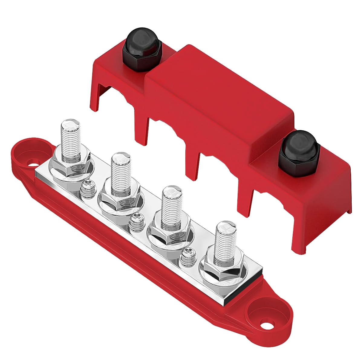 MGI SpeedWare 4-Post Power Distribution Block Busbar 5/16″ Studs with Cover, 250 AMP Rating for Automotive, Marine, and Solar Wiring (Red)