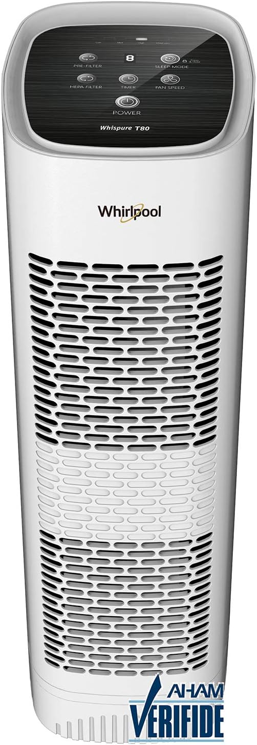 Whirlpool WPT80P Whispure True Hepa Air Purifier, Activated Carbon Advanced Anti-Bacteria, Ideal for Wildfire, Allergies, Odors, Pet Dander, Mold, Smoke and Germs, Large, White